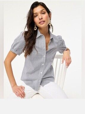 J. Crew Factory Blue/White Coastal Striped Short Puff Sleeve Button Down Shirt